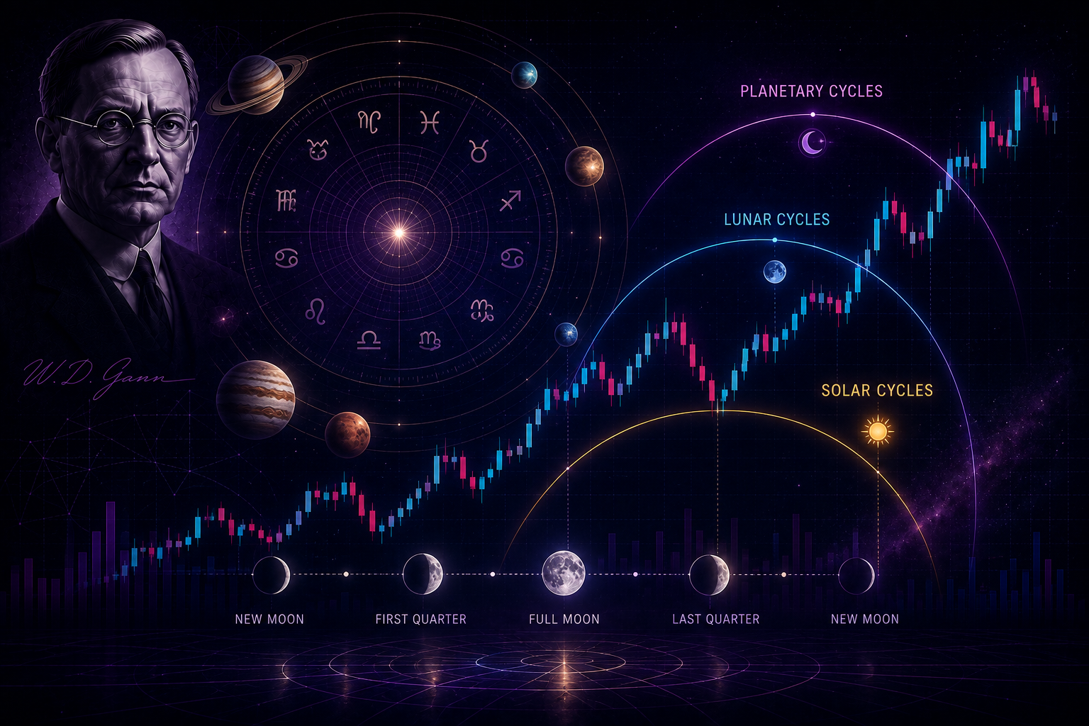 Planetary cycles, lunar cycles, and solar cycles market timing chart